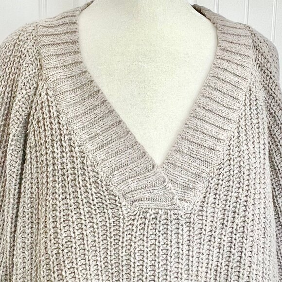 LEITH Nordstrom Chunky Taupe Wool Blend Knit Double Cutout Long Sleeve Sweater - Picture 4 of 10